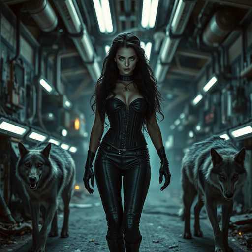 In this captivating image, a woman stands confidently in the center of a dimly lit, futuristic hallway. She is dressed in a sleek, black leather corset that accentuates her figure, paired with matching leather pants and gloves. Her long, wavy black hair cascades down to her chest, framing her face, which is adorned with striking blue eyes and a bold red lipstick. Around her neck, she wears a choker, adding to her edgy appearance.

The hallway itself is a marvel of modern design, featuring a ceiling lined with silver pipes and illuminated by rectangular lights. The floor is a dark gray, adding to the overall moody atmosphere. Flanking the woman on both sides are two gray wolves, their presence adding an element of wildness to the scene. The wolf on the left has its mouth open, revealing sharp teeth, while the one on the right stands with a closed mouth, its eyes fixed directly on the viewer. The combination of the futuristic setting, the woman's striking attire, and the wolves creates a powerful and enigmatic image.