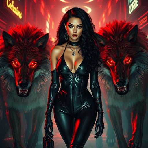 The image depicts a striking scene set in a dark alleyway, illuminated by a red glow that casts an eerie ambiance over the surroundings. In the foreground stands a woman with long, wavy black hair cascading over her left shoulder. She is dressed in a form-fitting black leather bodysuit that accentuates her figure, particularly highlighting her large breasts. The bodysuit features a zipper running up the front, and she accessorizes with a black leather choker adorned with a silver pendant, along with long, dangly earrings. Her right shoulder is bare, while her left arm is covered by a black leather glove that extends up to her bicep. In her right hand, she holds a black pistol, adding to her formidable presence.

Flanking her on either side are two menacing werewolves, their fur a mix of black and white. Their eyes glow with an intense red light, and their mouths are open, revealing sharp teeth, giving them a fierce and predatory appearance. The woman's expression is serious, almost stern, as she gazes directly at the viewer. Behind her, the alleyway is lined with buildings on both sides, their windows reflecting the red glow, enhancing the overall mysterious and ominous atmosphere of the scene.