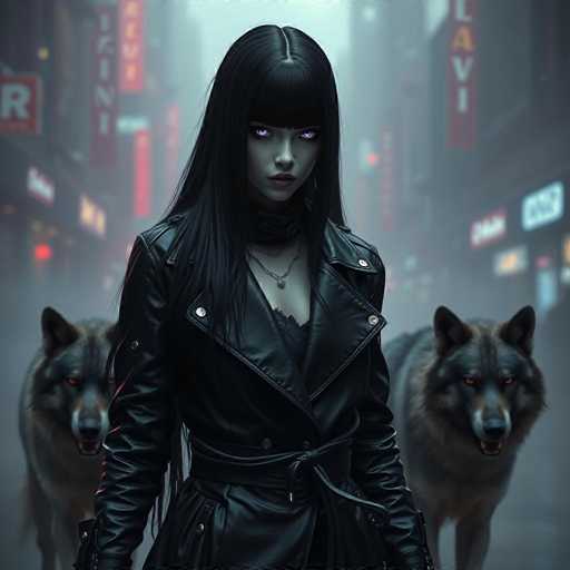 In this striking image, a woman stands confidently in the middle of a foggy city street, flanked by two snarling wolves. She is dressed in a long black leather trench coat, cinched at the waist with a black belt, and a black lace top underneath. Her long black hair cascades down, with bangs partially covering her forehead. Her eyes are a mesmerizing purple, and her lips are painted a deep red. Around her neck, she wears a delicate silver necklace with a pendant. The background is blurred, emphasizing the woman and the wolves, with indistinct buildings and neon signs adding to the eerie atmosphere. The wolves, with their black and gray fur and piercing orange eyes, snarl menacingly at the camera, enhancing the image's dark and mysterious vibe.
