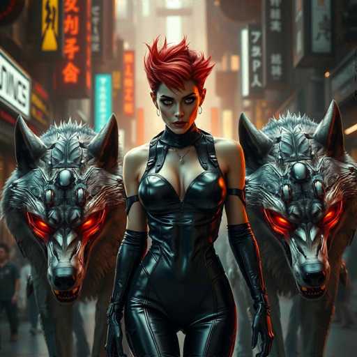 The image depicts a woman with red hair and black leather attire standing confidently in front of two large gray wolves. The wolf on the left has glowing red eyes, while the one on the right has glowing yellow eyes. The background shows an urban cityscape with buildings and neon signs, creating a futuristic atmosphere.
