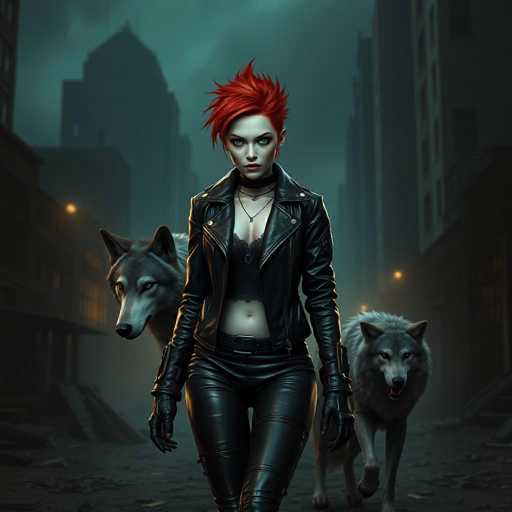 The image depicts a striking, computer-generated female character set against a dark, urban backdrop. She has short, spiky red hair and piercing blue eyes, with a pale complexion. Her attire consists of a black leather jacket, matching leather pants, and black gloves. Underneath the jacket, she wears a black lace bralette, and a choker adorns her neck. Multiple necklaces dangle from her neck, adding to her edgy appearance. She stands confidently in the middle of a street, flanked by two wolves—one on each side. The wolf on the left is gray with a white snout, while the one on the right is more brownish with a black snout. The background features tall, shadowy buildings, some illuminated by lights, creating a moody, almost dystopian atmosphere. The ground beneath her is gray, and the overall scene is shrouded in a dark, smoky haze, enhancing the mysterious and intense aura of the character and her surroundings.