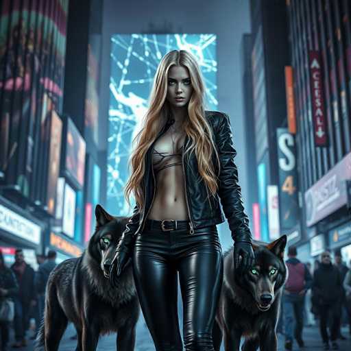 In this captivating image, a woman stands confidently in the middle of a bustling city street, flanked by two majestic wolves. She is dressed in sleek black leather pants and a matching leather jacket, which is unzipped to reveal a black bra. Her long, wavy blonde hair cascades down to her waist, framing her face. The woman's piercing blue eyes and full lips add to her striking appearance. She wears black leather gloves, with her right hand resting on the head of the wolf on her left side, while her left hand is placed on the head of the wolf on her right side. Both wolves, with their piercing green eyes, gaze directly at the camera. The wolf on the left has a black coat with a white chest, while the wolf on the right is predominantly black. The background features tall buildings adorned with numerous billboards and signs, adding to the urban atmosphere. Pedestrians can be seen on both sides of the street, some looking towards the camera and others gazing at the woman and her wolves, creating a dynamic and intriguing scene.