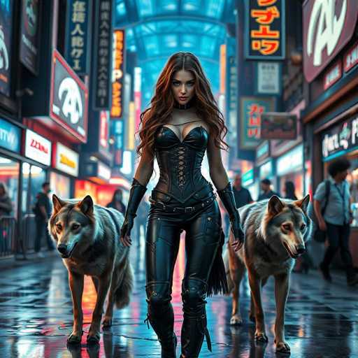 In this captivating image, a woman with long, wavy brown hair stands confidently in the middle of a bustling city street. She is dressed in a striking black leather corset that accentuates her figure, paired with matching leather pants and knee-high boots. Her ensemble is completed with black gloves that extend to her elbows. Flanking her on both sides are two majestic wolf-like dogs, their fur a blend of gray, white, and black, adding an air of mystique to the scene.

The street around her is alive with activity, illuminated by a myriad of neon signs and billboards that cast a vibrant glow over the wet pavement, suggesting recent rainfall. The signs, adorned with various symbols and characters, hint at an urban setting possibly in an Asian country, though the exact location remains ambiguous. Pedestrians can be seen in the background, going about their day amidst the lively atmosphere. The overall composition of the image is a harmonious blend of modern urban life and a touch of fantasy, centered around the poised woman and her companions.