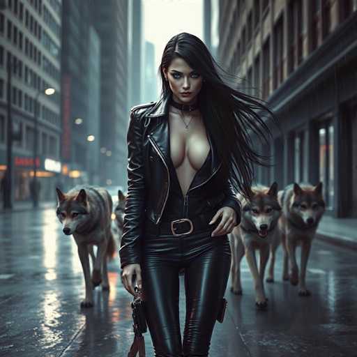 In this AI-generated image, a woman stands confidently in the middle of a rain-soaked city street, flanked by towering skyscrapers. She is dressed in a striking black leather outfit, featuring a jacket that is unzipped to reveal her bare chest and a pair of tight leather pants. Her long, dark hair cascades down her back, and she wears a spiked collar around her neck. The woman's piercing blue eyes and full lips add to her captivating presence. In her right hand, she holds a purse, while her left hand rests on her hip. Behind her, three husky-like dogs with thick fur and bushy tails stand alert, their ears perked up. The wet pavement glistens under the streetlights, reflecting the urban setting and adding a dramatic atmosphere to the scene.