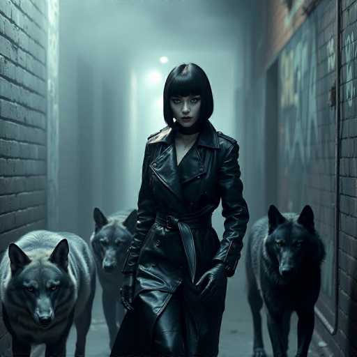 A woman with short black hair and a leather jacket is walking down an alleyway between two large dogs. The alleyway has graffiti on the walls and a brick wall on one side.