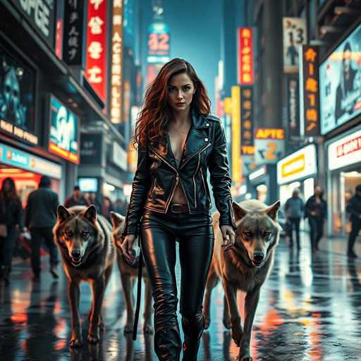 In this captivating image, a woman stands confidently in the middle of a bustling city street, flanked by two majestic wolf-like dogs. She is dressed in a striking black leather outfit, complete with a cropped jacket that reveals a glimpse of her midriff, paired with sleek leather pants. Her long, wavy brown hair cascades down, framing her face as she gazes directly at the camera with a composed expression. The dogs beside her, with their thick fur and wolf-like features, add an element of wildness to the urban scene. The street around her is alive with activity; people walk by on both sides, while vibrant neon signs and billboards in various colors—yellow, red, and blue—illuminate the background. The wet pavement beneath her reflects the city lights, suggesting a recent rainfall that adds a shimmering effect to the scene. The overall atmosphere is one of urban energy and mystery, with the woman and her dogs as the focal point amidst the dynamic cityscape.
