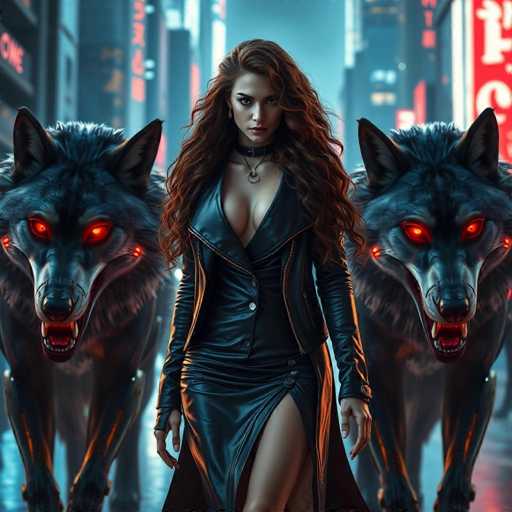In this striking image, a woman stands confidently in the center of a futuristic cityscape, flanked by two menacing black wolves with glowing red eyes. The woman, with her long, wavy brown hair cascading down to her chest, exudes an aura of power and mystery. She is dressed in a sleek black leather jacket that reveals a hint of cleavage, paired with a matching black leather dress that features a daring slit up the side, showcasing her leg. A choker adorns her neck, adding to her edgy appearance. Her expression is stern, with a slight frown and piercing eyes that seem to stare directly into the viewer's soul.

The wolves, positioned on either side of her, are a formidable sight. Their black fur contrasts sharply with their glowing red eyes, and their mouths are open, revealing sharp teeth and red tongues. The wolf on the left has its mouth slightly more ajar than the one on the right, adding to the asymmetry of the scene.

The backdrop is a bustling city at night, illuminated by an array of neon signs and lights. The buildings are tall and imposing, with one particularly noticeable red sign with white lettering on the right side of the image. The ground beneath them is reflective, mirroring the city lights and adding depth to the scene. The overall atmosphere is dark and moody, with the woman and wolves standing out vividly against the urban night setting.