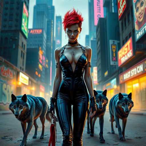 In this captivating image, a striking woman stands confidently in the middle of a bustling city street, flanked by three majestic wolves. She is dressed in a sleek, black leather bodysuit that accentuates her figure, paired with fingerless gloves that add a touch of edginess to her ensemble. Her vibrant red hair is styled in a spiky, mohawk-like fashion, drawing immediate attention. Around her neck, she wears a choker, and her pale blue eyes, combined with her long, dark eyebrows, give her an intense, almost otherworldly gaze. 

In her right hand, she holds a red leash, which is attached to one of the wolves beside her. The wolves, with their gray fur and black markings, are positioned on either side of her, one to her left and two to her right, all gazing intently at the camera. The cityscape behind her is a blur of tall buildings adorned with neon signs, creating a dynamic and somewhat chaotic backdrop. The signs are in various colors, including orange, pink, and yellow, with some displaying indistinct letters such as "A-I-T-E-R" and "F-A-S-T T-O-C-I-N." The overall scene is a mesmerizing blend of urban energy and mystical presence, centered around the captivating woman and her wolf companions.