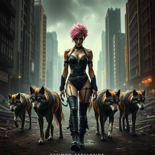 In this striking image, a woman with spiky pink hair and a fierce expression strides confidently towards the viewer. She is clad in a black leather corset that accentuates her figure, paired with matching black leather pants and thigh-high boots. Her ensemble is completed with black leather armbands, adding to her edgy appearance. Flanking her on both sides are two majestic wolves, their eyes glowing with an intense orange hue. The backdrop features a post-apocalyptic cityscape, with dilapidated buildings and scattered debris, creating a stark contrast to the woman's bold presence. The ground beneath her is a dark, almost black hue, further emphasizing the somber and gritty atmosphere of the scene.