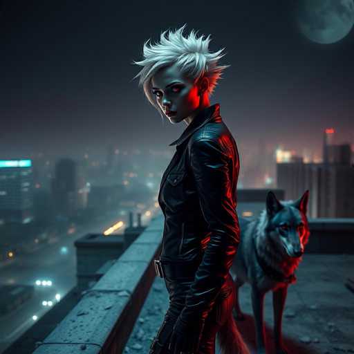 In this captivating image, a woman stands confidently on a rooftop, her striking appearance immediately drawing attention. She has short, spiky white hair and piercing red eyes that seem to glow in the night. Her attire is a sleek black leather jacket, paired with matching leather pants, and she wears a belt with a prominent silver buckle. Her hands are covered in black gloves, adding to her edgy look. 

Behind her, a gray and white wolf with piercing red eyes stands alert, its presence adding an air of mystery and power to the scene. The wolf's fur is a mix of dark and light gray, with a distinctive white stripe running down its face. 

The setting is a nighttime rooftop, with the ground beneath them appearing gray and wet, suggesting recent rain. The edge of the roof is visible, and in the background, a cityscape unfolds with tall buildings illuminated by numerous lights. The sky is a deep, dark blue, and a large, gray moon hangs in the top right corner, casting a soft glow over the scene. The overall atmosphere is one of urban nocturnal beauty, with the woman and her wolf companion as the focal point of this mesmerizing tableau.