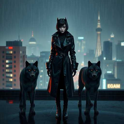 In this captivating image, a woman stands confidently on a rooftop, flanked by two majestic black wolves with striking orange eyes. She is dressed in a sleek black leather trench coat, cinched at the waist with a matching belt, and paired with black gloves, black pants, and black boots. Her short black hair is styled with bangs that frame her face, and she wears a pair of devilish black horns atop her head. The scene is set against a backdrop of a bustling city skyline, illuminated by the soft glow of numerous buildings. The wet ground beneath her reflects the recent rainfall, adding a shimmering effect to the composition. The overall atmosphere is dark and moody, with the woman's intense gaze drawing the viewer's attention. The image is devoid of any text, allowing the visual elements to speak for themselves.