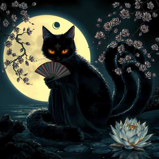 A black cat is sitting on a rock with its tail curled around it and holding a fan in one paw while the other paw is raised high. The cat's fur is black as night, and there are white flowers surrounding it. A full moon can be seen behind the cat, casting an ethereal glow over the scene.