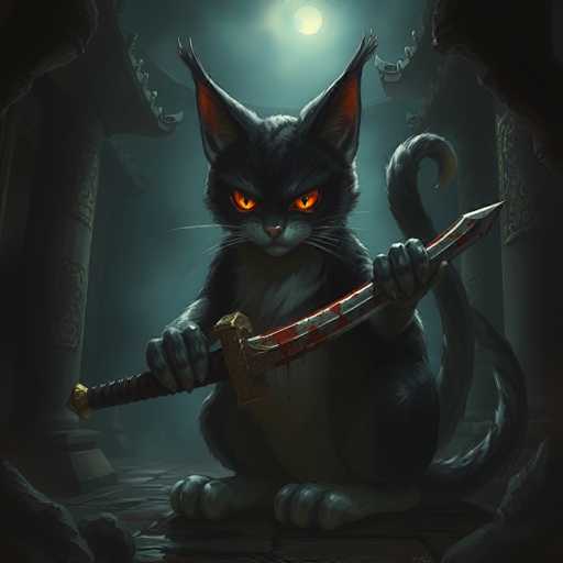 A black cat with glowing orange eyes, holding a bloody sword in a dark, ancient setting. The cat is sitting on a stone floor, surrounded by crumbling pillars and shadowy architecture. A full moon illuminates the scene with a soft glow, casting dramatic shadows. The cat's expression is intense and focused, suggesting a sense of power or danger.