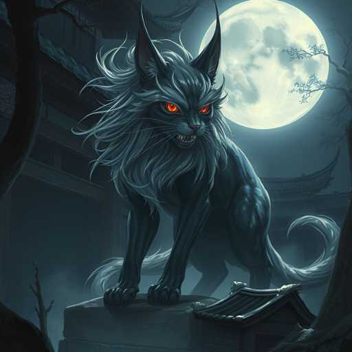 The image depicts a large, dark-colored cat with long white fur and striking red eyes standing on a rock formation. The cat is facing the viewer directly, giving an impression of direct engagement or confrontation. In the background, there are trees and buildings that add depth to the scene.