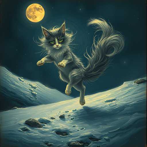 A majestic, fluffy grey cat with piercing green eyes leaps gracefully across a snow-covered landscape under the light of a full moon. The cat's fur is long and voluminous, with a thick, flowing tail that curves dramatically behind it. The background is a deep, dark blue night sky dotted with a few faint stars. The snow-covered ground has patches of rocks and uneven terrain, illuminated by the soft glow of the moon. The cat's paws are outstretched as if mid-leap, conveying a sense of agility and freedom. The overall style is painterly, with soft brushstrokes and a muted color palette that enhances the serene yet magical atmosphere of the scene.