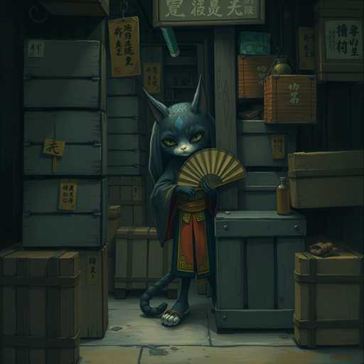 The image depicts a cat standing on a wooden floor inside an Asian store. The cat is holding a fan and appears to be dressed in traditional clothing. The store has various boxes stacked around it, creating a sense of depth and dimension within the scene.