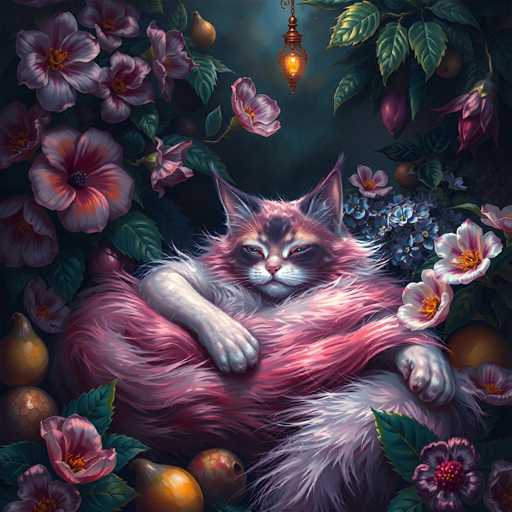 A cozy, fantastical scene of a fluffy, lavender-grey cat nestled amongst vibrant, oversized flowers and fruits. The cat is curled up in a soft, pink, fur-like blanket, its eyes half-closed in contentment. The background is a deep, dark blue, with glowing lanterns hanging from the foliage, casting a warm light on the scene. The overall style is painterly and dreamlike, with a focus on soft textures and rich colors.