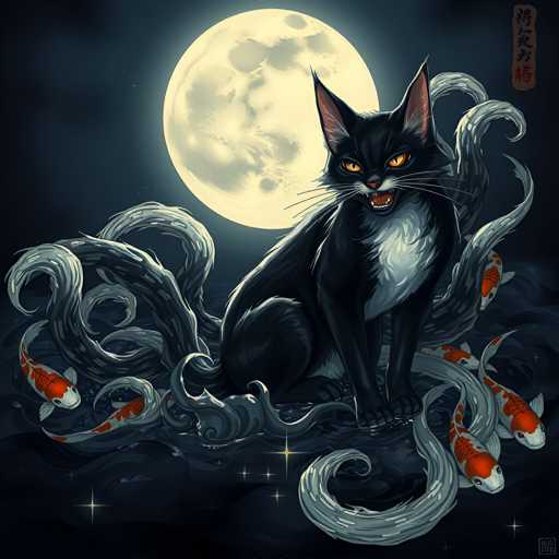 The image depicts a black cat with white paws and ears sitting on a rock formation under the moonlight. The cat is surrounded by fish that appear to be swimming around it. The background features a dark blue sky with a full moon visible in the top right corner of the image, creating a serene and mystical atmosphere.