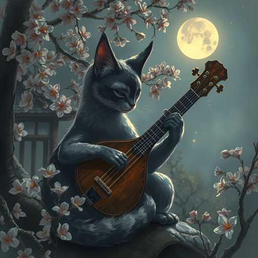 A gray cat is sitting on a rock and playing a guitar with its paws. The cat's fur is black and white, and it has a pink nose. The background features a tree filled with white flowers and a full moon in the sky.