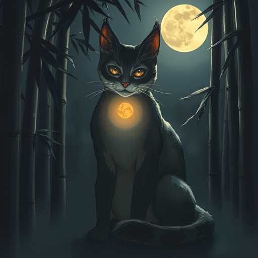 A black cat with orange eyes is sitting on a rock in front of a full moon and surrounded by bamboo trees.