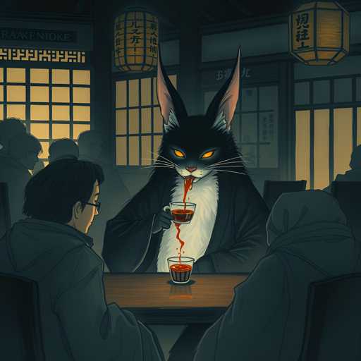 The image depicts an illustration of a cat sitting at a table with two people engaged in conversation. The cat is depicted as having large ears and glowing eyes, giving it a lifelike appearance. One person on the left side of the image is wearing a gray hoodie, while the other person on the right side has their back turned to the viewer.
