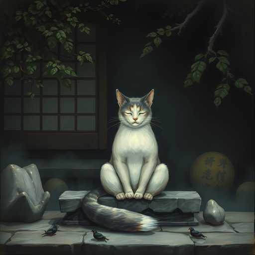 The image depicts a white cat sitting on a stone bench with its eyes closed and ears perked up, facing the camera. The cat is surrounded by various objects including a birdhouse, a vase, and a bowl of fruit. The scene takes place in front of a window with green leaves and a tree branch extending outwards from it.