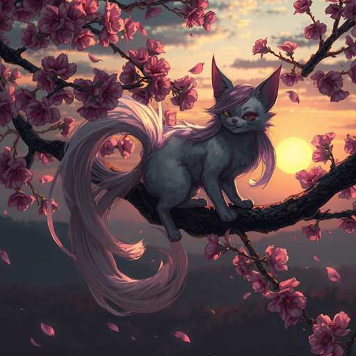 A gray cat with pink fur is sitting on a tree branch covered in pink flowers and leaves. The cat's tail is flowing down the side of its body as it gazes at the camera.