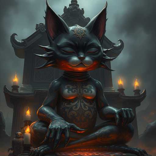 The image depicts a cat statue sitting on a mat with its eyes closed and hands resting on its knees. The cat is adorned with tattoos and has a large headdress on its back. In the background, there are four candles burning brightly, casting a warm glow over the scene.