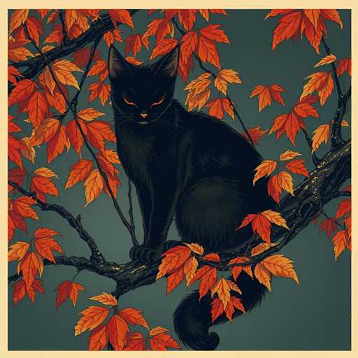 The image depicts a black cat sitting on a tree branch with orange leaves surrounding it. The cat is facing the camera and appears to be looking directly at the viewer. The background of the image is a dark blue color that contrasts with the vibrant orange leaves.