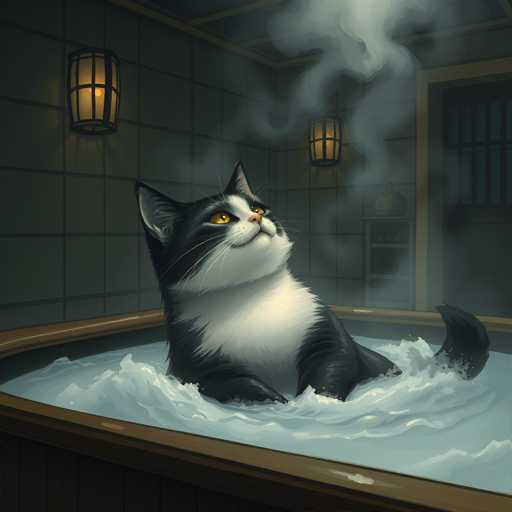 A black and white cat is sitting in a bathtub filled with water, looking up at the ceiling as steam rises from the top of the tub.