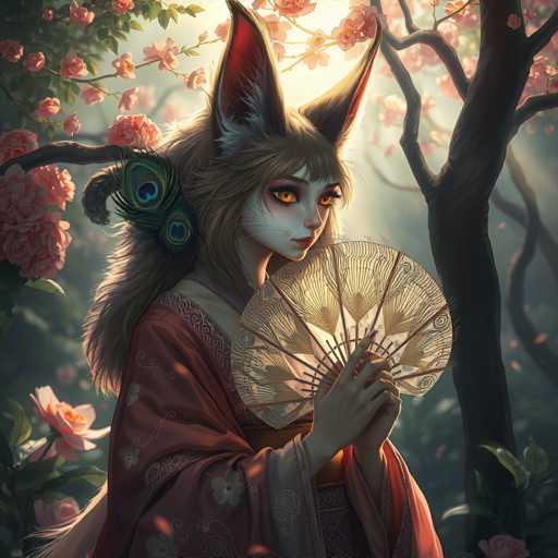 A woman with long brown hair and a red dress is holding a fan in her right hand while wearing a peacock feather headdress on her left side. The background features trees and pink flowers.