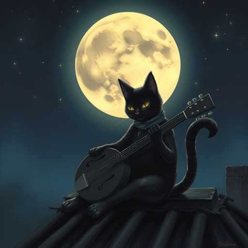 A black cat is sitting on a rooftop at night, playing a guitar with its paws and holding the neck of the guitar with its mouth. The cat's fur is dark against the backdrop of the full moon in the sky.