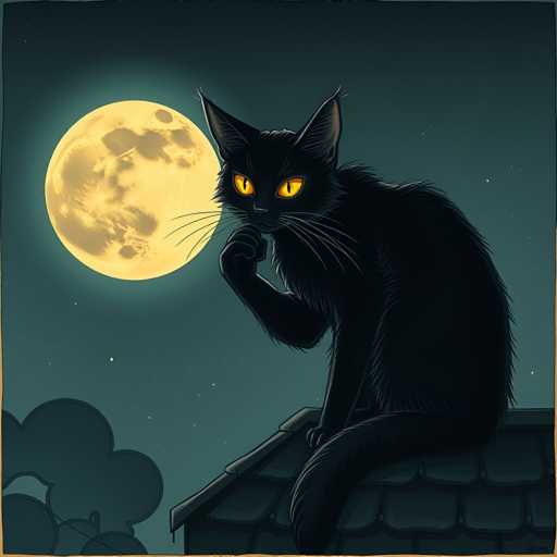 A black cat with yellow eyes is sitting on a roof at night, looking up towards the moon and stars. The cat's fur is black, and it has its paws resting on its head as if contemplating something or simply enjoying the view of the celestial bodies above.