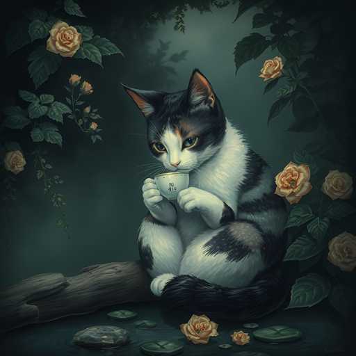 A black and white cat is sitting on a branch with its paws resting on a cup of tea. The cat's fur is a mix of black and white, and it has green eyes that appear to be looking down at the cup of tea in front of it. The background features a dark green color, which contrasts with the lighter colors of the cat and the tea. There are also yellow flowers scattered throughout the image.