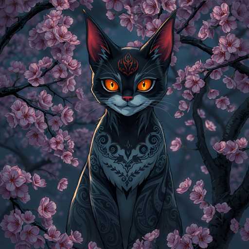 A black cat with glowing orange eyes, adorned with intricate tribal-style markings, sits amidst a blooming cherry blossom tree. The cat's fur is sleek and dark, contrasting with the vibrant orange of its eyes and the delicate pink blossoms. The background is a soft, dusky blue, creating a mystical atmosphere.