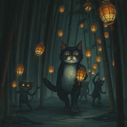 A group of black cats, each holding a glowing lantern, are walking through a dark bamboo forest at night. The cats have wide, expressive eyes and mischievous grins, suggesting they are on a playful adventure. The lanterns cast warm light onto the scene, highlighting the cats' silhouettes and creating a mysterious atmosphere.