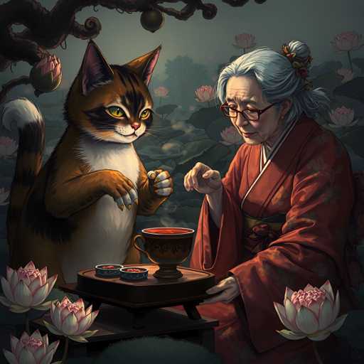 A woman wearing an orange kimono is sitting at a table with a cat on her lap and two small bowls of food placed on the table between them.