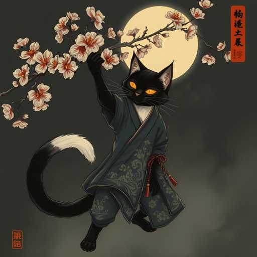 The image depicts a black cat dressed in traditional Japanese clothing and holding a branch of cherry blossoms with pink flowers against a dark gray background. The cat is positioned centrally within the frame, drawing attention to its elegant attire and the delicate beauty of the cherry blossom branch.