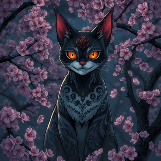 The image depicts a black cat with orange eyes and white paws sitting on a tree branch surrounded by pink flowers. The cat is facing the camera directly, giving an impression of curiosity or attentiveness. The background features dark purple trees and branches, creating a contrast that highlights the cat's presence in the scene.