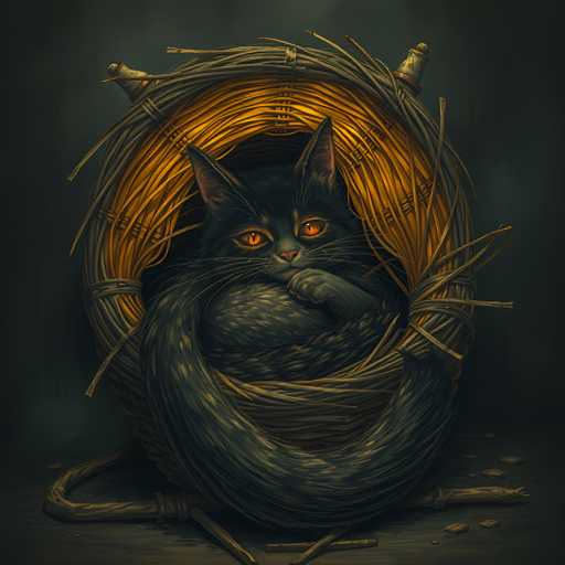 The image depicts a black cat sitting inside an orange and brown woven basket with a gold rim. The cat is facing the camera directly, giving a clear view of its face and body.