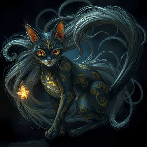 A mystical, dark fantasy illustration of a black cat with long, flowing silver hair and golden markings. The cat has piercing orange eyes and is wearing a glowing golden pendant attached to its tail. It's sitting on a dark, reflective surface with a soft, ethereal glow emanating from the pendant. The background is deep blue and slightly blurred, emphasizing the cat's mystical aura.