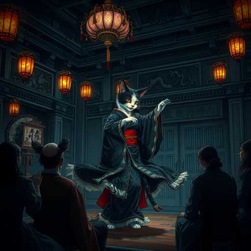 The image depicts a cat dressed as a geisha performing on stage with four people seated in the audience watching her performance. The cat is wearing a traditional Japanese kimono and holding a fan in its paws while dancing.