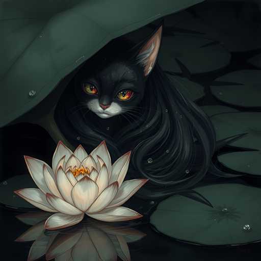 The image depicts a black cat with white paws and ears peeking out from under a green leafy plant. The cat's eyes are wide open as it gazes directly at the viewer. A white lotus flower is positioned on the left side of the image, partially hidden by the cat but still visible enough to be noticed.