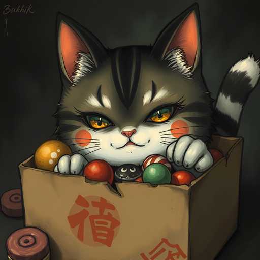 The image depicts a cat with striking green eyes and a black nose peeking out from behind a cardboard box filled with various colored balls. The cat's fur is a mix of gray and white stripes, adding to its mysterious appearance. The background is dark, providing a stark contrast that makes the cat stand out even more.