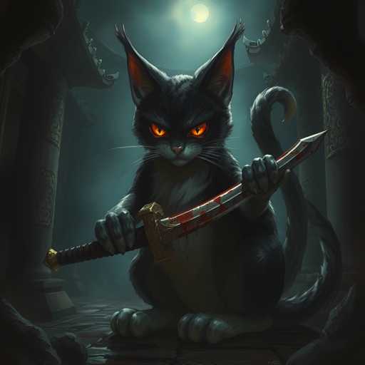 The image depicts a black cat with red eyes and sharp teeth holding a sword in its paws. The cat is positioned on the left side of the frame, facing towards the right. In the background, there are two pillars that appear to be part of an ancient temple or castle structure.