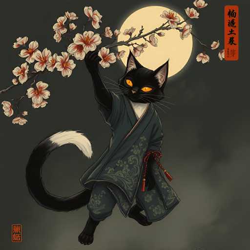 A black cat wearing a traditional Japanese kimono, holding a branch of cherry blossoms with glowing orange eyes, against a dark night sky with a full moon. The cat is positioned in a dynamic pose, seemingly leaping or gracefully suspended in mid-air. The kimono has intricate blue and green patterns, and the cat's tail is long and curled. The overall style is reminiscent of traditional Japanese art, with a focus on elegant detail and soft lighting.