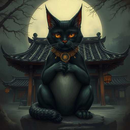 The image depicts a black cat sitting on a rock with its paws resting on the edge of the rock and its head tilted slightly to the left. The cat is wearing a gold collar that has a small bell attached to it. In the background, there are two traditional Chinese buildings with red roofs, one with a pointed roof and the other with a flat roof.
