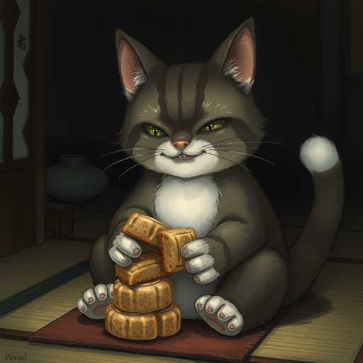 A cartoon cat is sitting on a brown mat and holding a stack of golden-brown pancakes with its paws. The cat has green eyes and a pink nose, giving it a playful and endearing appearance.