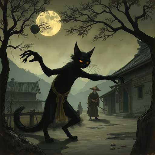 The image depicts a black cat with glowing red eyes standing on its hind legs and holding a ball of yarn in front of a white house with a thatched roof nestled among trees. A man is seen walking towards the cat from the right side of the image.