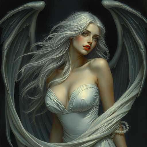 This image is a highly detailed, computer-generated illustration of a young woman with long, flowing silver hair and large, expressive brown eyes. She is depicted with a serene, almost ethereal expression, her head slightly tilted to the right. Her lips are painted a striking red, adding a touch of vivid color to her pale complexion. She is adorned in a strapless, low-cut silver dress that complements her silver wings, which are spread wide around her, creating a dramatic and majestic effect. The wings, with their intricate feather details, frame her figure beautifully. A delicate pearl bracelet adorns her left wrist, adding an element of elegance. The background is a deep, dark gray, almost black, which contrasts sharply with her silver attire and wings, making her appear as though she is floating in a mystical, otherworldly space.